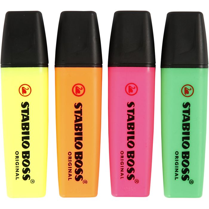 Tekstmarker, neon grønn, neon orange, neon pink, neon gul, 4 stk./ 1 pk.