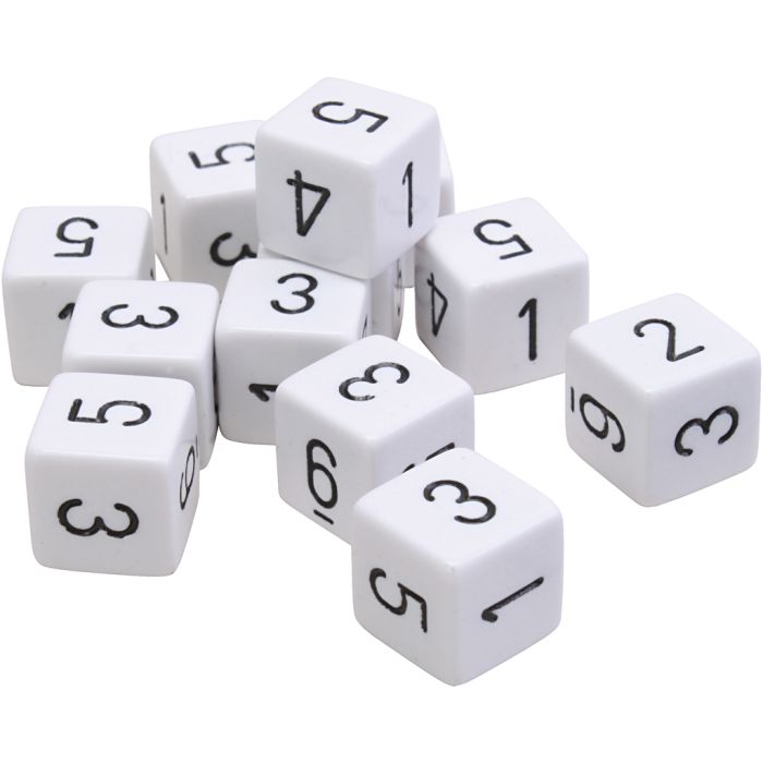 Terninger med tall, H: 1,5 cm, L: 1,5 cm, B: 1,5 cm, Farge kan variere , 12 stk./ 1 pose