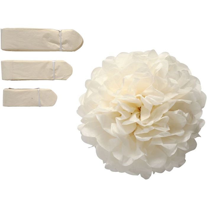 Papirpomponer, dia. 20+24+30 cm, 16 g, råhvit, 3 stk./ 1 pk.