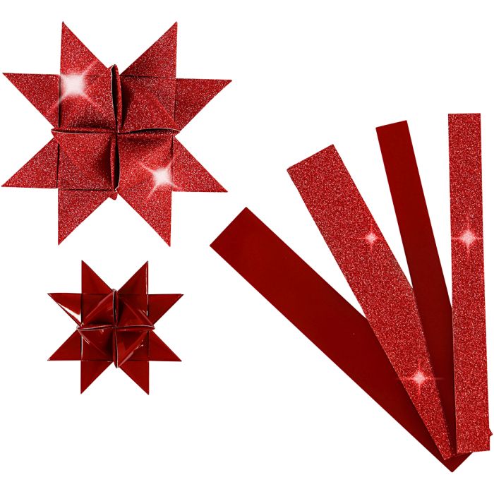 Stjernestrimler, L: 44+78 cm, B: 15+25 mm, dia. 6,5+11,5 cm, glitter,lakk, rød, 40 strimler/ 1 pk.