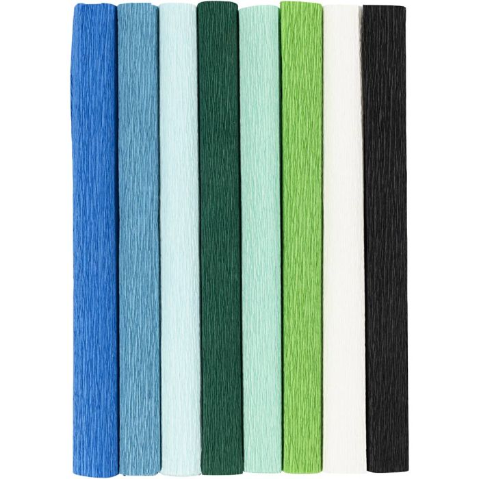 Kreppapir, ark 25x60 cm, Strekk-/krep: 180%, 105 g, blå/grønn harmoni, 8 ark/ 1 pk.