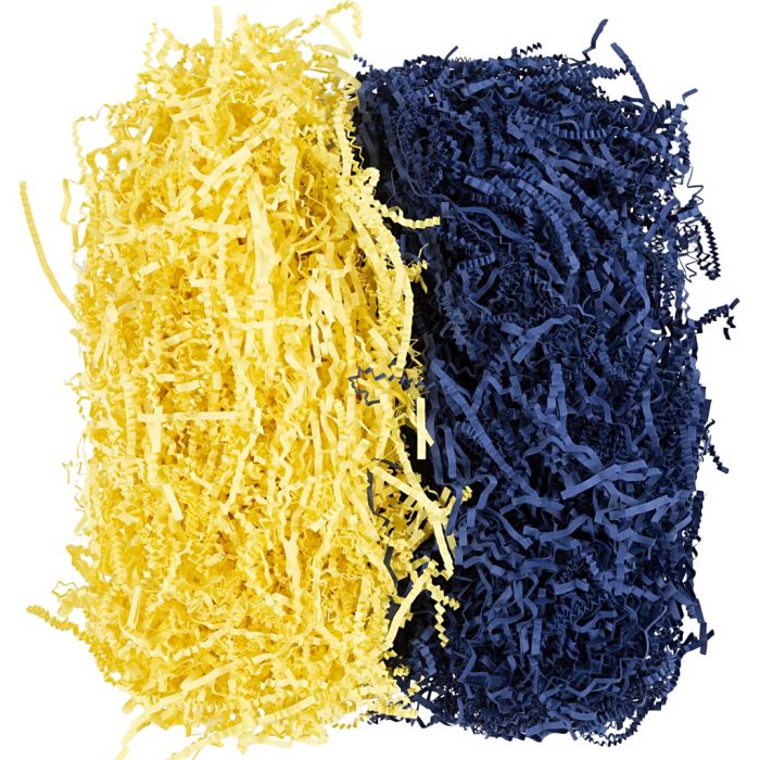 Strimlet Papir, L: 25-30 cm, B: 3 mm, mørk blå, gul, 2x50 g/ 1 pk.