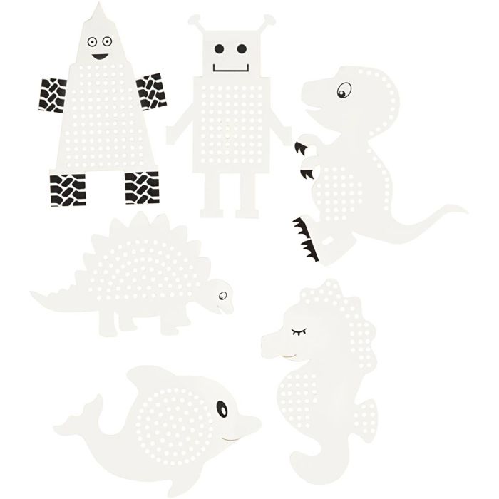 Broderifigurer, dyr/robotter, H: 8-13 cm, B: 8-13 cm, hvit, 6x3 stk./ 1 pk.