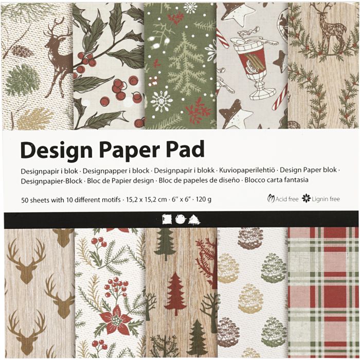 Blokk med designpapir, ark 15,2x15,2 cm, jul, 120 g, beige, rød, 50 ark/ 1 pk.