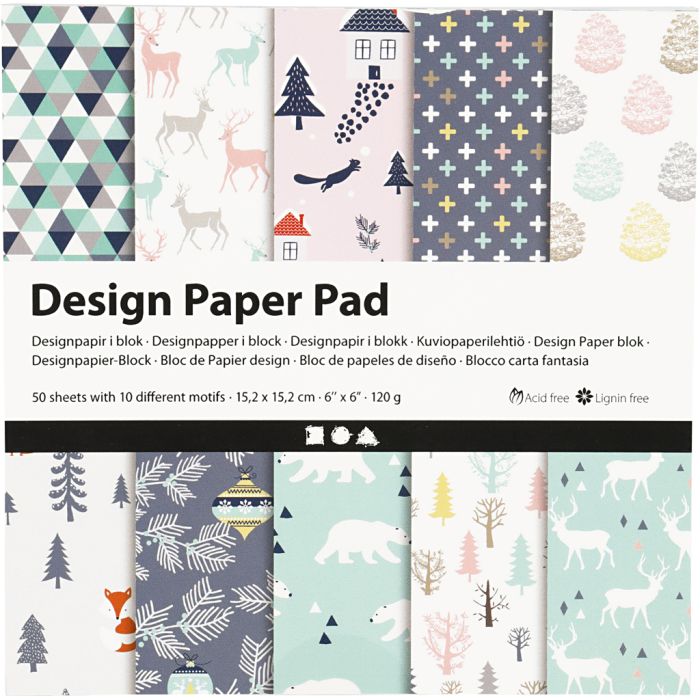 Blokk med designpapir, Juledesign, ark 15,2x15,2 cm, 120 g, lys grønn, rosa, hvit, 50 ark/ 1 pk.
