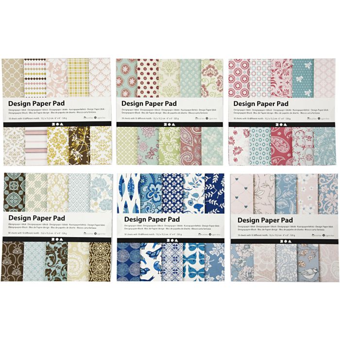Blokk med designpapir, ark 15,2x15,2 cm, 120 g, ass. farger, 300 ark, 6x50 ark/ 1 pk.