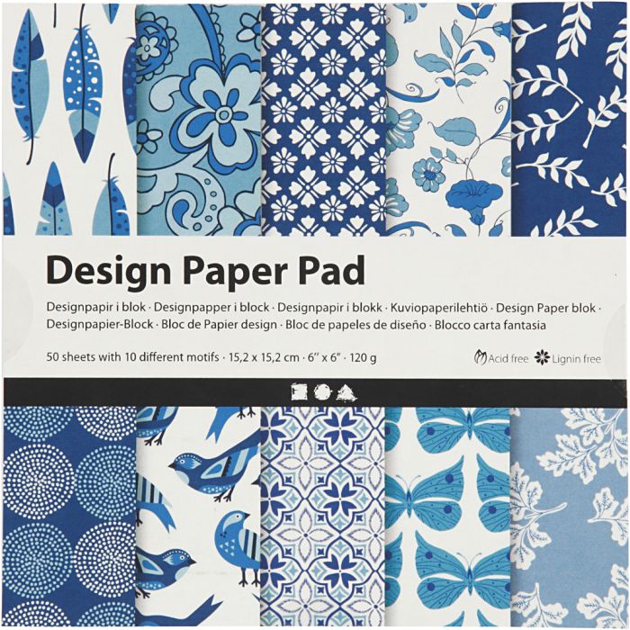Blokk med designpapir, ark 15,2x15,2 cm, 120 g, blå, 50 ark/ 1 pk.