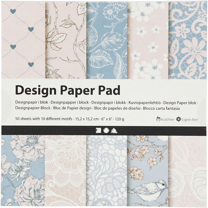 Blokk med designpapir, ark 15,2x15,2 cm, 120 g, rosa, 50 ark/ 1 pk.