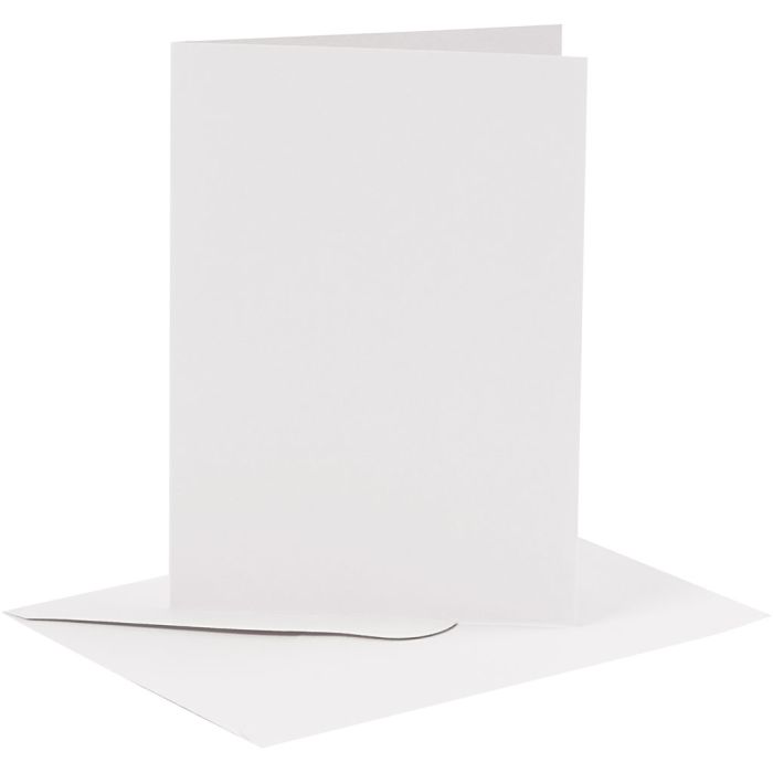 Kort og konvolutter, kort str. 10,5x15 cm, konvolutt str. 11,5x16,5 cm, 110+230 g, hvit, 6 sett/ 1 pk.