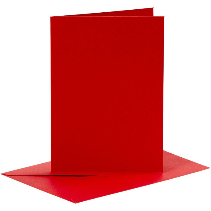 Kort og konvolutter, kort str. 10,5x15 cm, konvolutt str. 11,5x16,5 cm, 110+230 g, rød, 6 sett/ 1 pk.