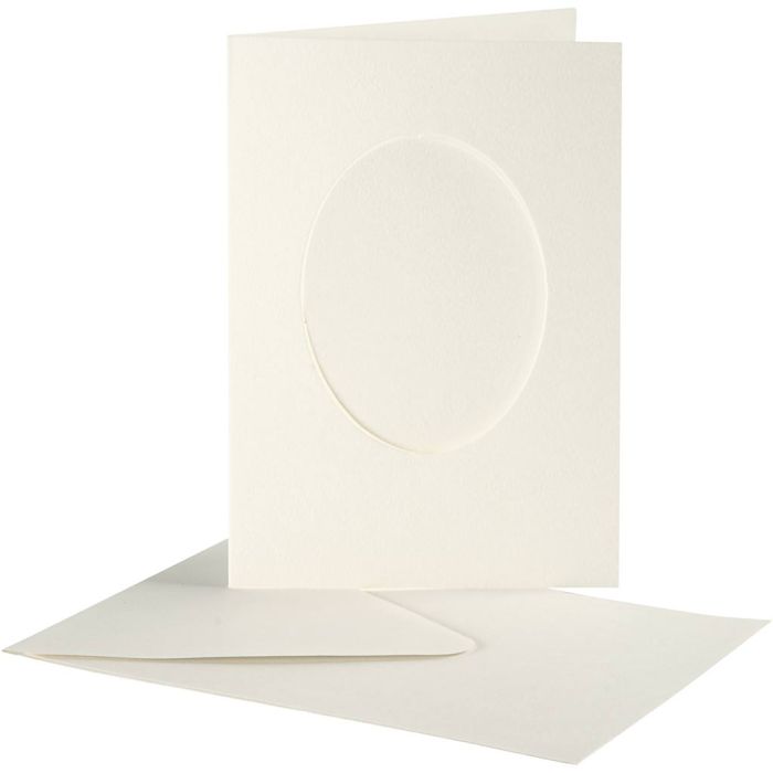 Passepartoutkort med konvolutt, oval, kort str. 10,5x15 cm, konvolutt str. 11,5x16,5 cm, råhvit, 10 sett/ 1 pk.