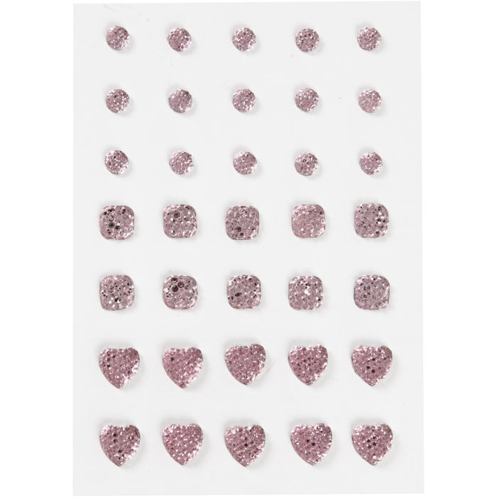 Rhinstein, rund, firkant, hjerte, str. 6+8+10 mm, rosa, 35 stk./ 1 pk.