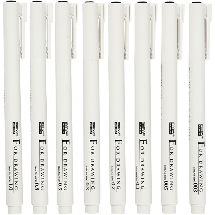 Fine Line skrive/tegnetusj, strek 0,03+0,05+0,1+0,2+0,3+0,5+0,8+1,0 mm, svart, 8 stk./ 1 pk.