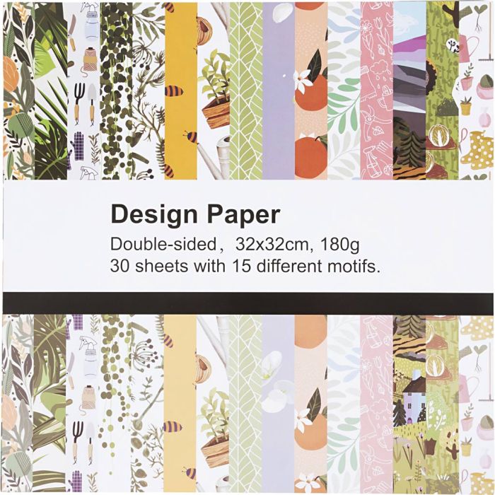 Designpapir, dobbeltsidig, med trykk, 15 design, ark 32x32 cm, 180 g, 30 ark/ 1 pk.