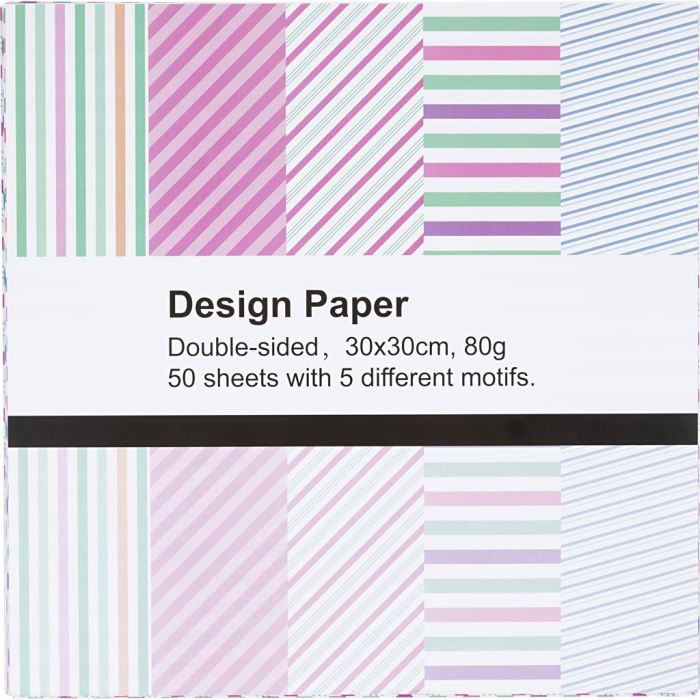 Designpapir, ark 30x30 cm, stripet, 80 g, 50 ark/ 1 pk.