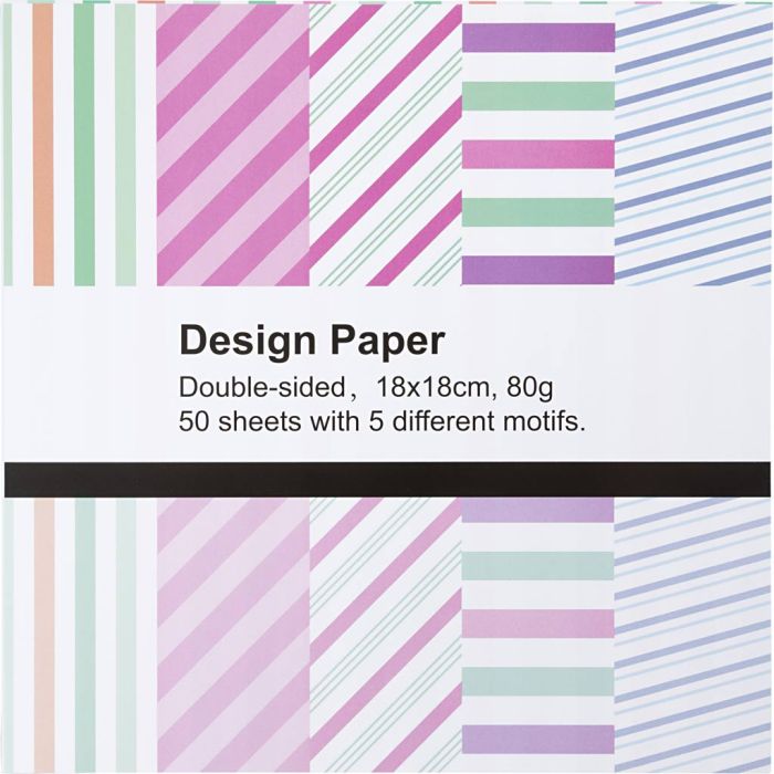 Designpapir, ark 18x18 cm, stripet, 80 g, 50 ark/ 1 pk.