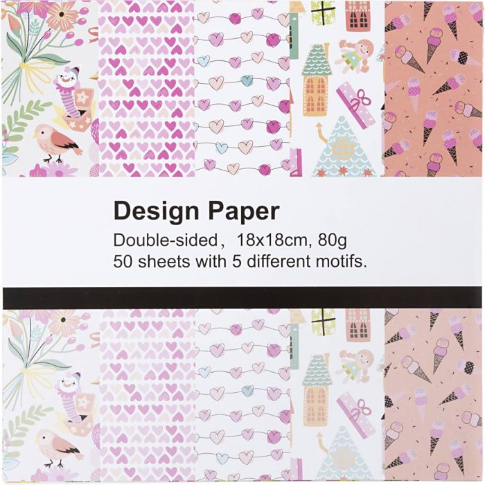 Designpapir, ark 18x18 cm, mønster, 80 g, 50 ark/ 1 pk.