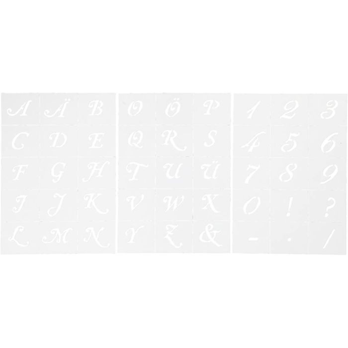 Sjablonger, bokstaver og tall, H: 20-30 mm, A5, ark 148x210 mm, 3 ark/ 1 pk.