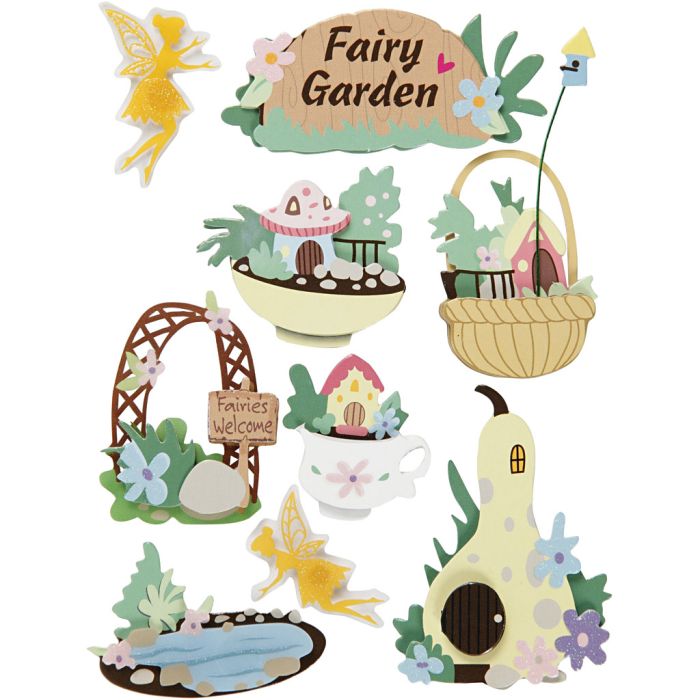 3D Stickers, fairy-garden, H: 32-64 mm, B: 30-55 mm, tykkelse 7 mm, 9 stk./ 1 pk.
