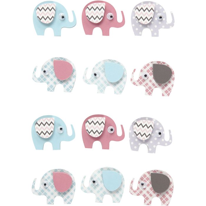 3D Stickers, elefanter, H: 25 mm, B: 31 mm, tykkelse 7 mm, 12 stk./ 1 pk.