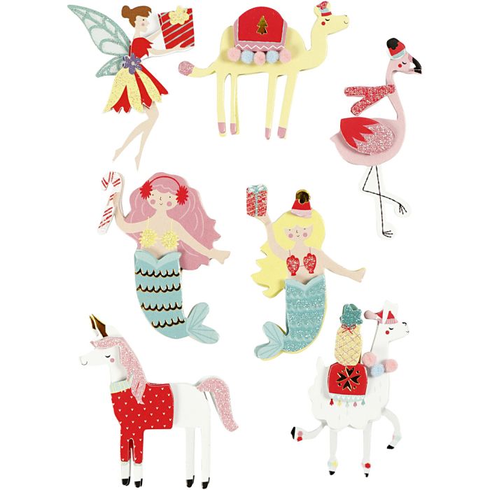 3D Stickers, flamingo, lama, havfrue, H: 50-60 mm, B: 30-45 mm, tykkelse 7 mm, 7 stk./ 1 pk.