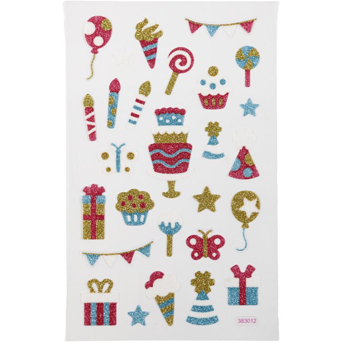 Glitterstickers, bursdag, ark 10x16 cm, 1 ark