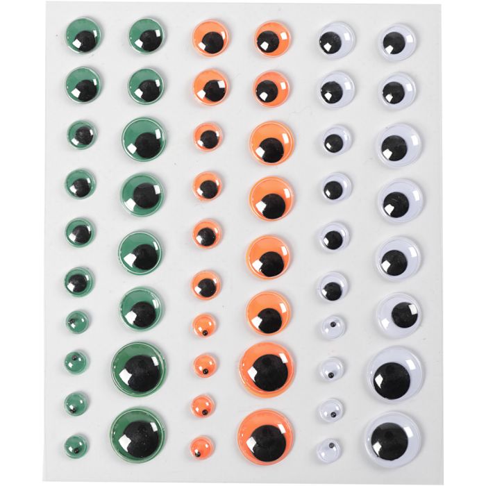 Rulleøyne , selvklebende, dia. 6+8+10+12+15 mm, grønn, orange, hvit, 54 stk., 1 ark