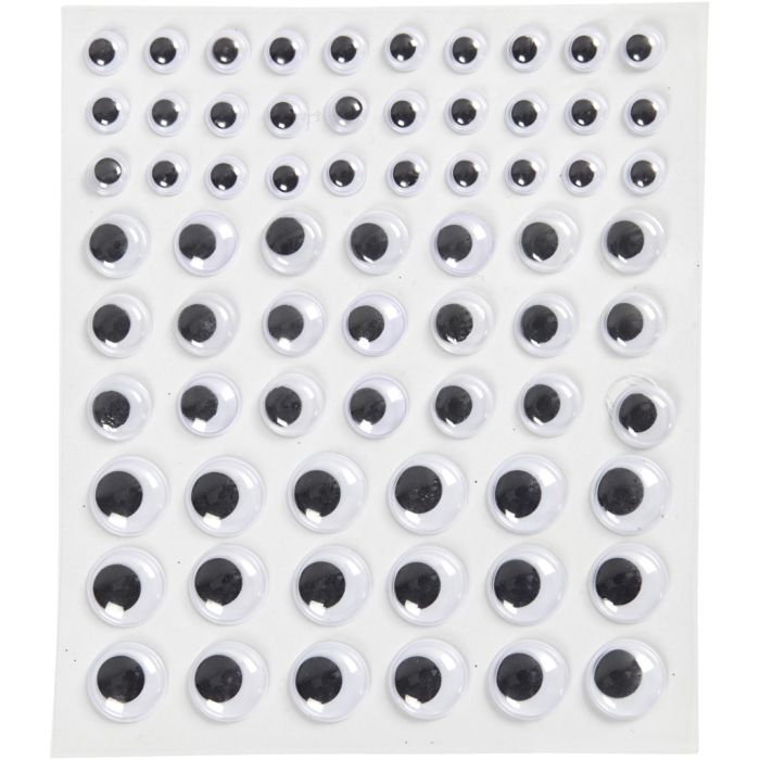 Bevegelige øyne, selvklebende, dia. 8+12+14 mm, hvit, 69 stk., 1 ark