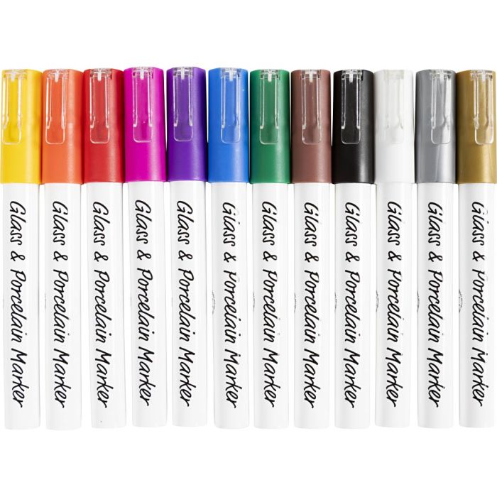 Glass- og porselenstusj, strek 1-2 mm, semi opaque, ass. farger, 12 stk./ 1 pk.