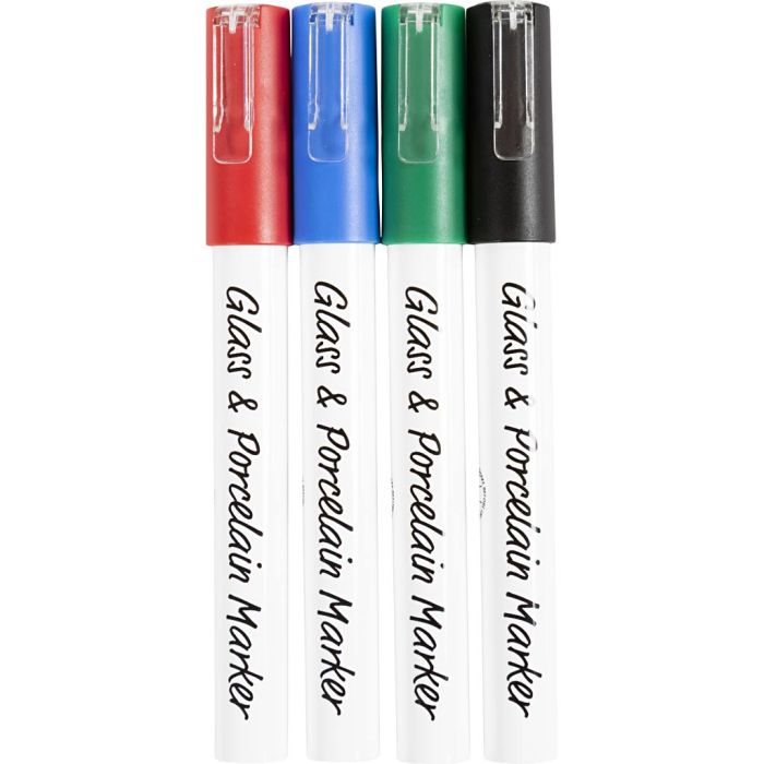 Glass- og porselenstusj, strek 1-2 mm, semi opaque, svart, blå, grønn, rød, 4 stk./ 1 pk.