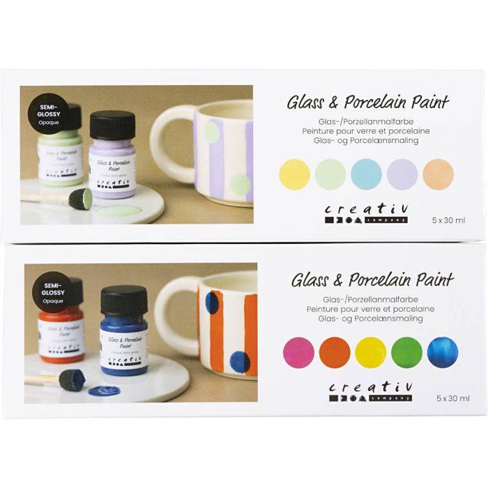 Glass- og porselensmaling, halvblank, dekkende, colorful, pastellfarger, 10x30 ml/ 1 pk.