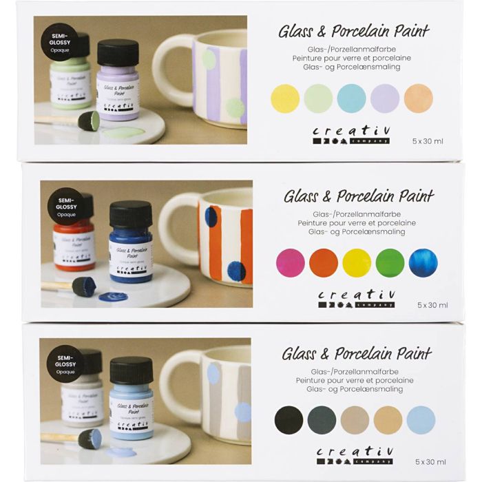 Glass- og porselensmaling, halvblank, dekkende, colorful, pastellfarger, naturfarger, 15x30 ml/ 1 pk.