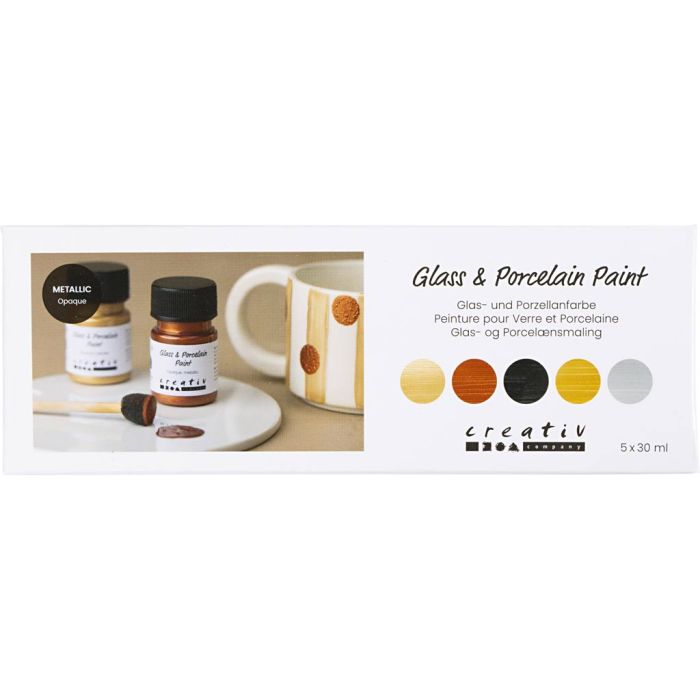 Glass- og porselensmaling, metallisk, dekkende, metallic farger, 5x30 ml/ 1 pk.