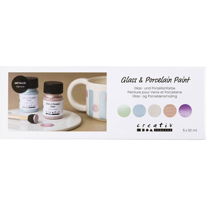 Glass- og porselensmaling, metallisk, dekkende, pastellfarger, 5x30 ml/ 1 pk.