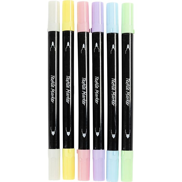 Tekstiltusjer, strek 2,3+3,6 mm, pastellfarger, 6 stk./ 1 pk.