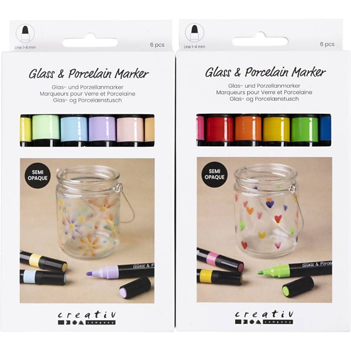 Glass- og porselenstusjer, strek 1-4 mm, semi opaque, colorful, pastellfarger, 2x6 stk./ 1 pk.