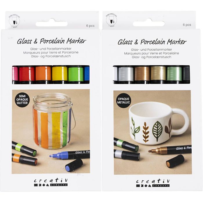 Glass- og porselenstusjer, strek 1-4 mm, semi opaque, glitter farger, metallic farger, 2x6 stk./ 1 pk.