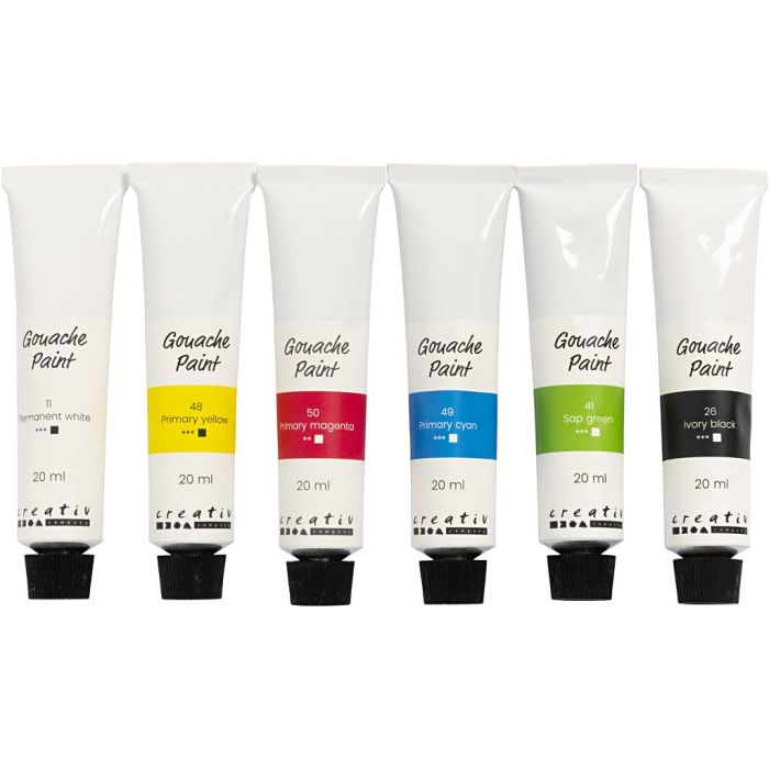 Gouache-maling, standardfarger, 6x20 ml/ 1 pk.