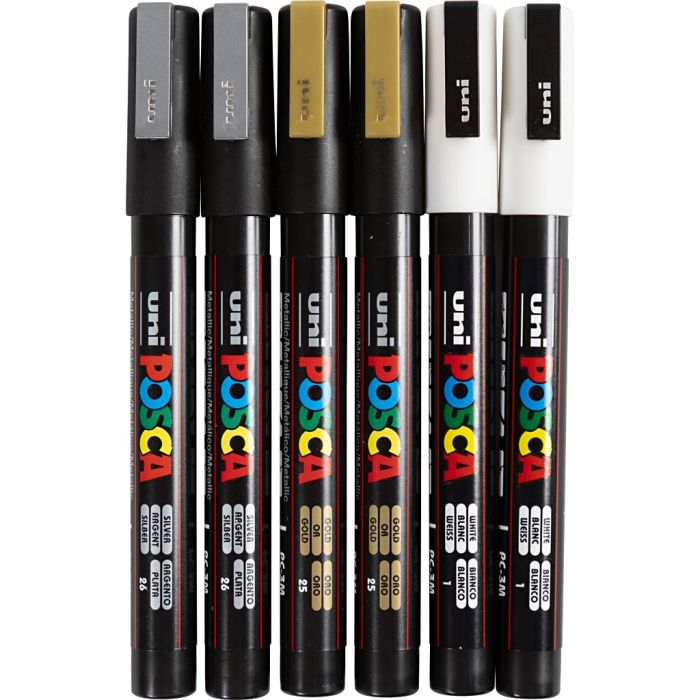 Posca Marker, nr. PC-3M, strek 0,9-1,3 mm, fine, gull, sølv, hvit, 6 ass./ 1 pk.