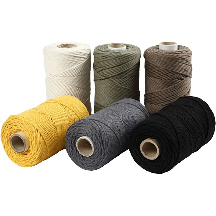 Macramè-Snor, L: 198 m, dia. 2 mm, ass. farger, 6x330 g/ 1 pk.