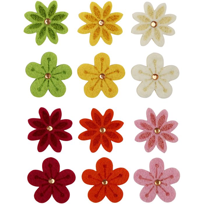Filtblomster med rhinsten, dia. 30 mm, tykkelse 2,5 mm, 120 stk./ 1 pk.