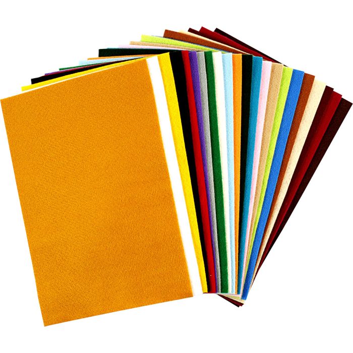 Hobbyfilt, ark 20x30 cm, tykkelse 1,5-2 mm, 180-200 g, ass. farger, 24 ass. ark/ 1 pk.