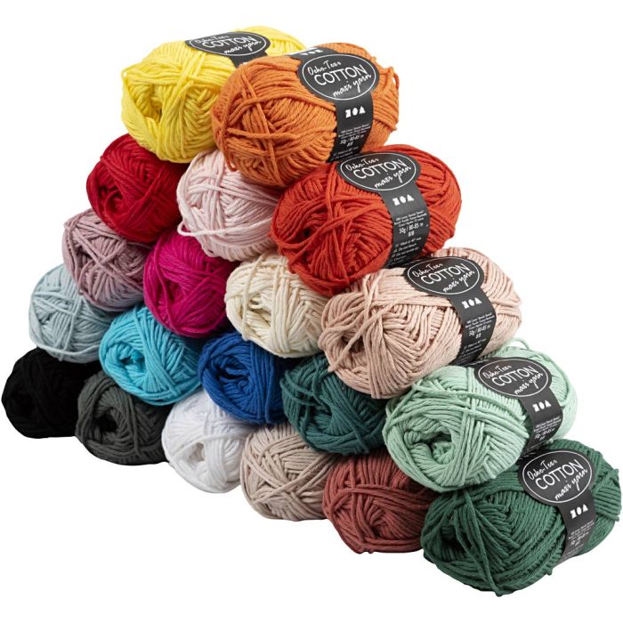 Bomullsgarn, nr. 8/8, L: 80-85 m, pinne 4-4,5, ass. farger, 20x50 g/ 1 pk.