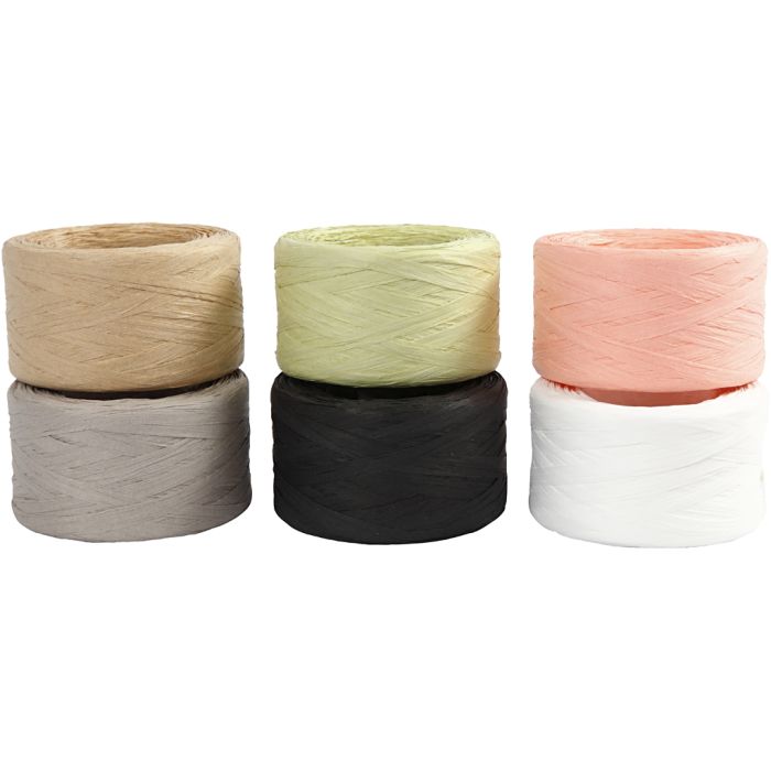 Raffia Papirgarn, B: 7-8 mm, ass. farger, 6x100 m/ 1 pk.