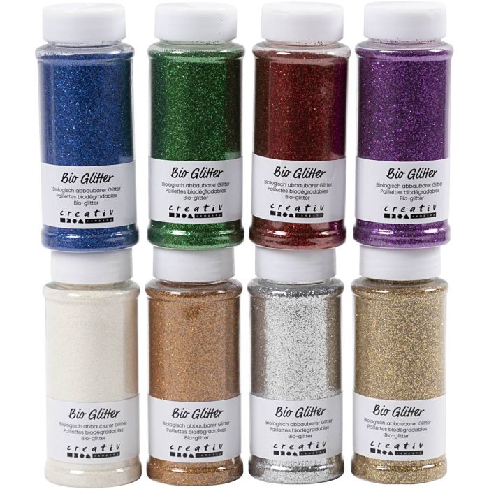Biologisk nedbrytbart glitter, ass. farger, 8x140 ml/ 1 pk.