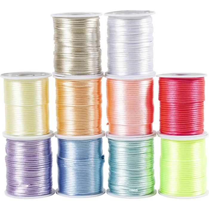 Satengsnor, tykkelse 2 mm, pastellfarger, 10x50 m/ 1 pk.