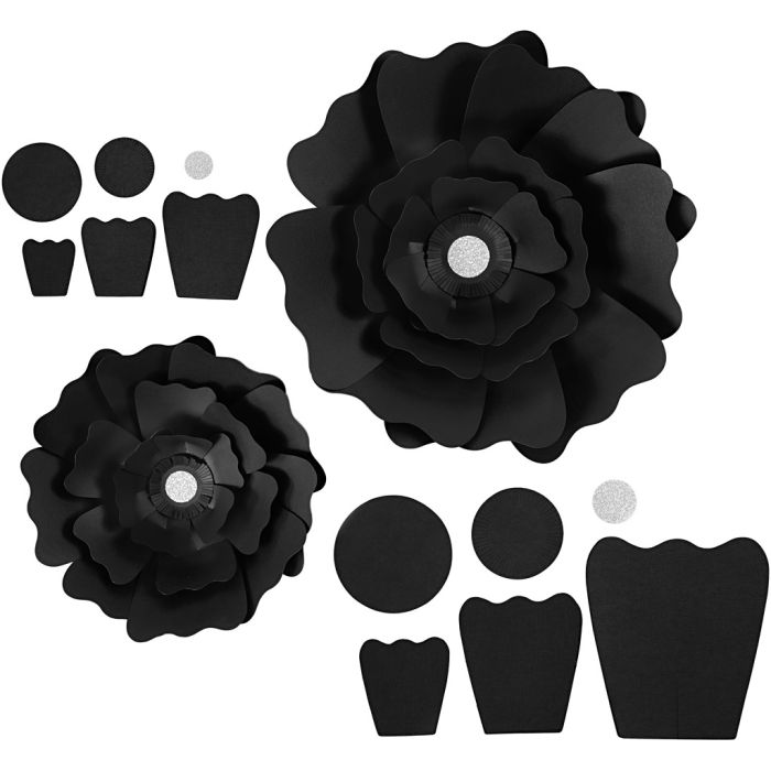 Papirblomster, dia. 15+25 cm, 230 g, svart, 2 stk./ 1 pk.