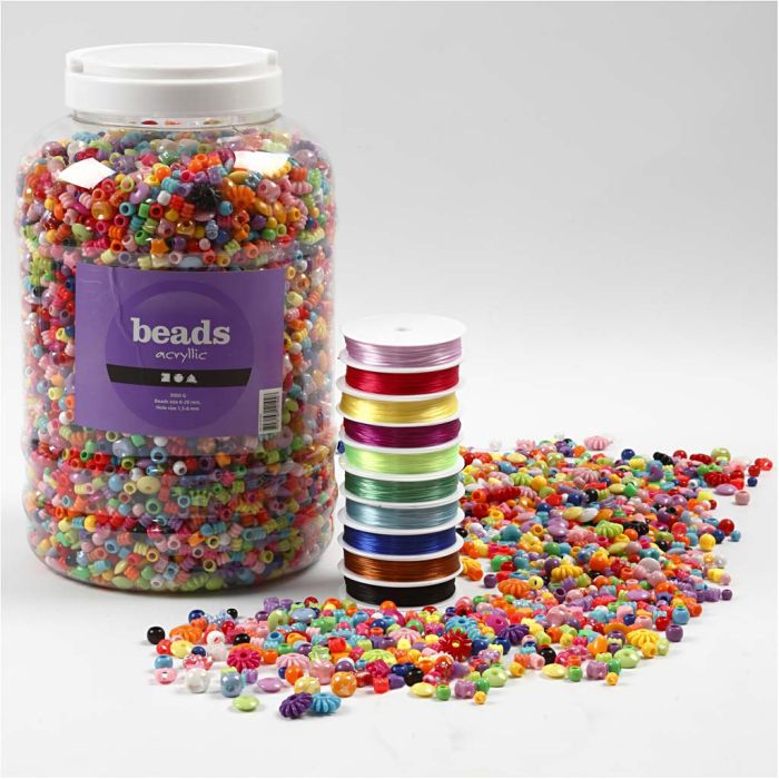 Perler og Smykkeelastikk, str. 6-20 mm, hullstr. 1,5-6 mm, ca. 3000 g, 1 pk.