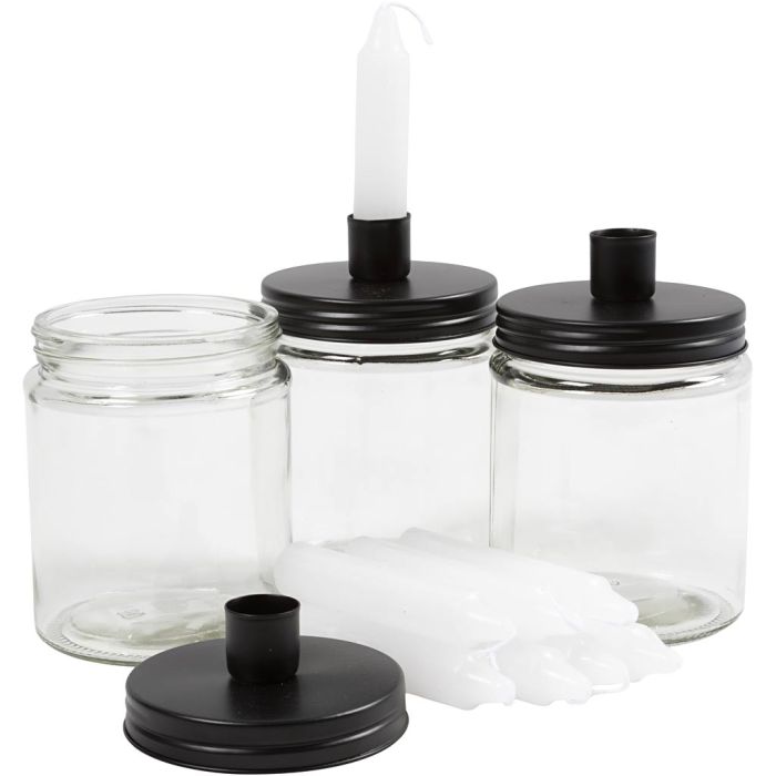 Glass med lysholder og lys, H: 15 cm, dia. 9.5 cm, str. 15 cm, 6 sett/ 1 pk.