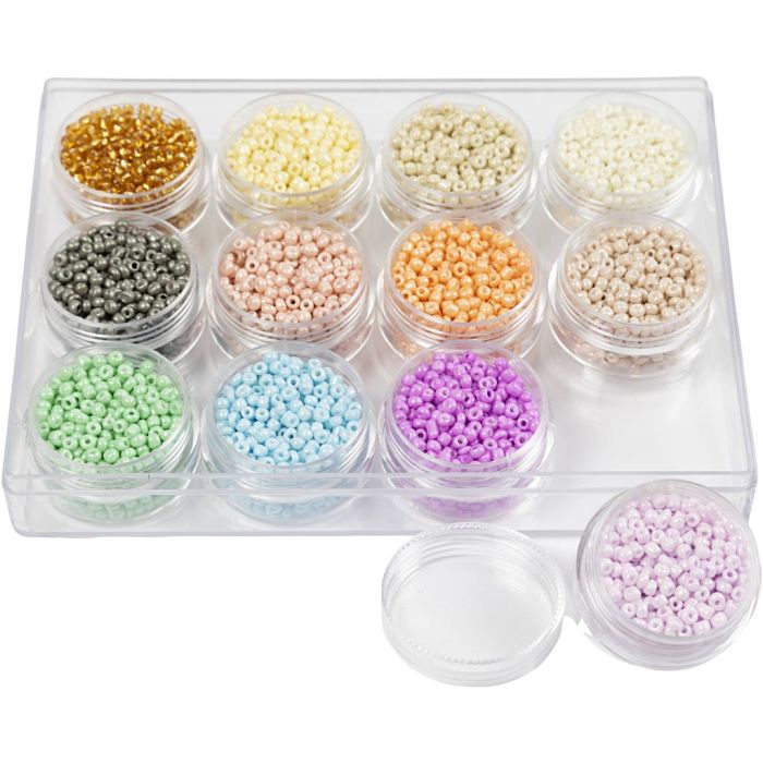 Rocaillesperler, dia. 3 mm, str. 8/0, hullstr. 0,6-1,0 mm, pastellfarger, 12x17 g/ 1 pk.